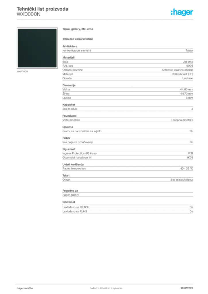 Slika Hager Product data sheet WXD000N  | Hager