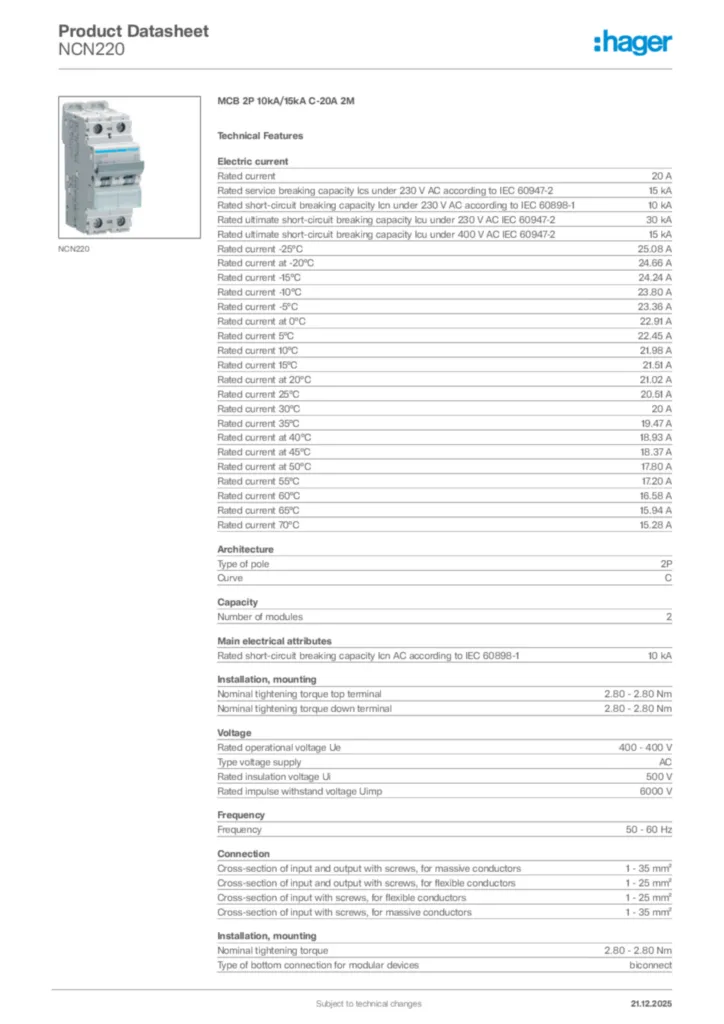 Image Hager Product data sheet NCN220  | Hager