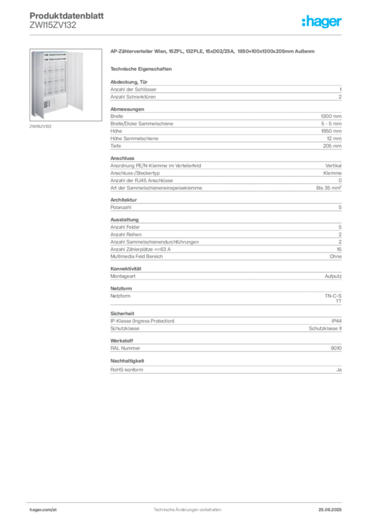 Bild Hager Produktdatenblatt ZWI15ZV132 | Hager Deutschland