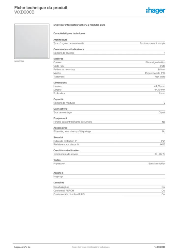 Image Hager Fiche technique du produit WXD000B | Hager Belgique