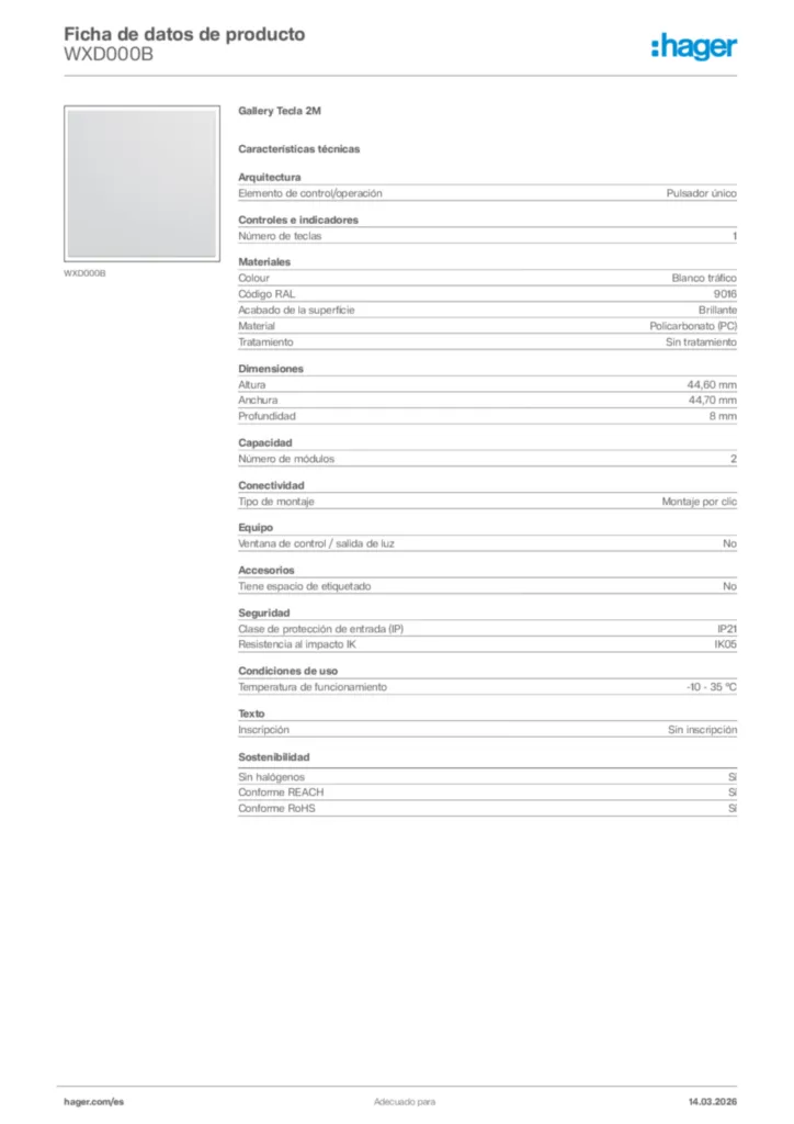 Imagen Hager Ficha de datos de producto WXD000B | Hager España