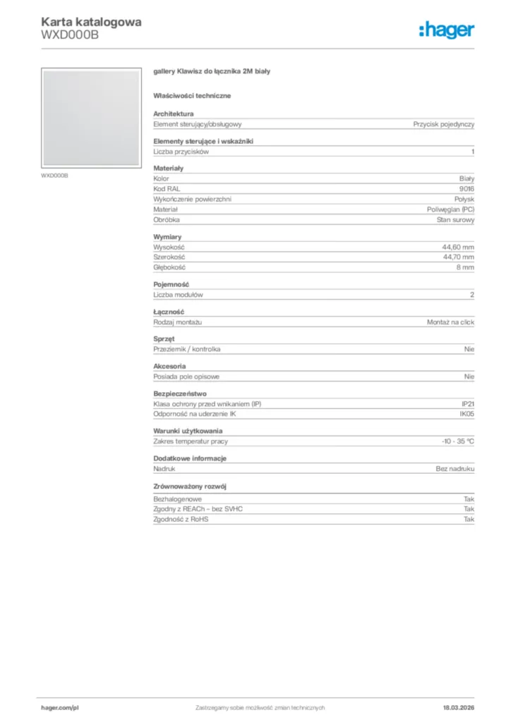 Zdjęcie Hager Karta katalogowa WXD000B | Hager Polska
