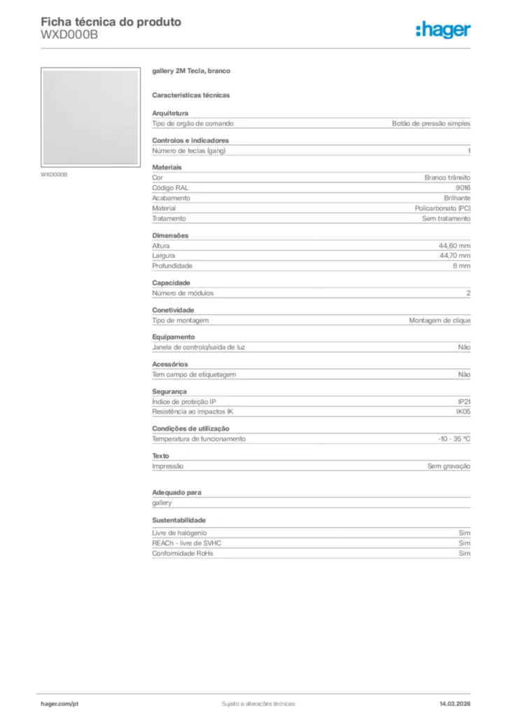 Imagem Hager Ficha técnica do produto WXD000B | Hager Portugal