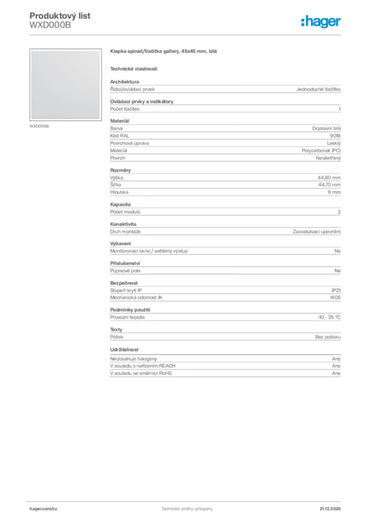 Obrázek Hager Produktový list WXD000B | Hager