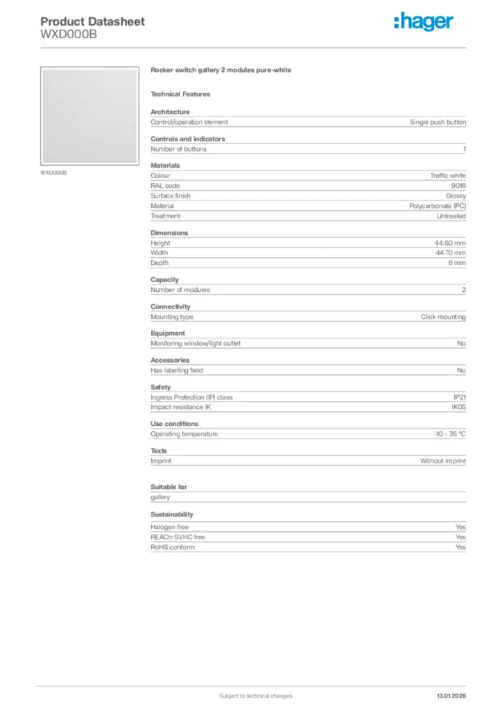 Image Hager Product data sheet WXD000B  | Hager