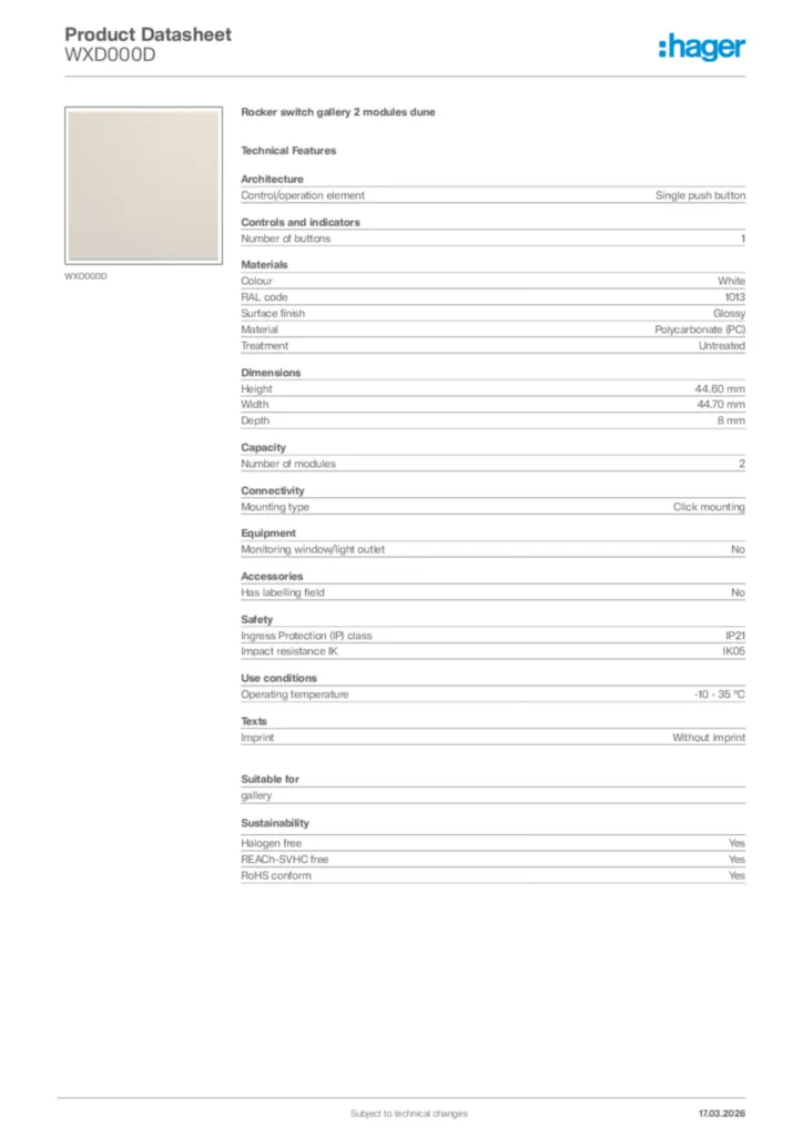 Image Hager Product data sheet WXD000D  | Hager Africa