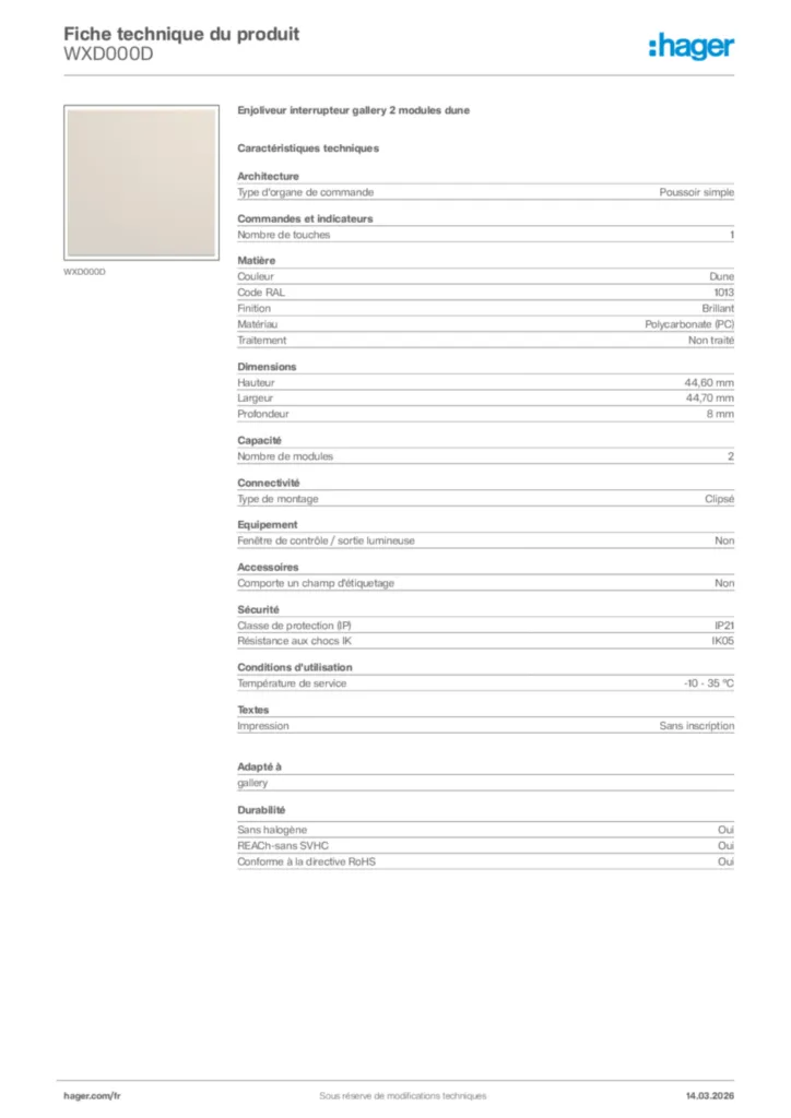 Image Hager Fiche technique du produit WXD000D | Hager France