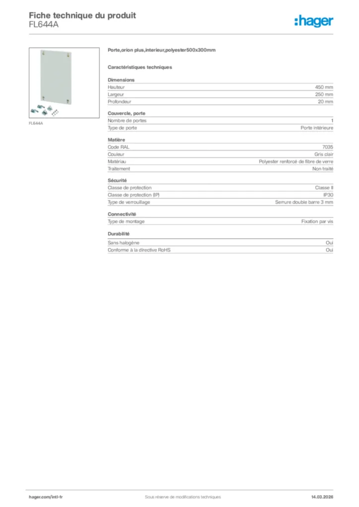 Image Hager Fiche technique du produit FL644A | Hager Afrique