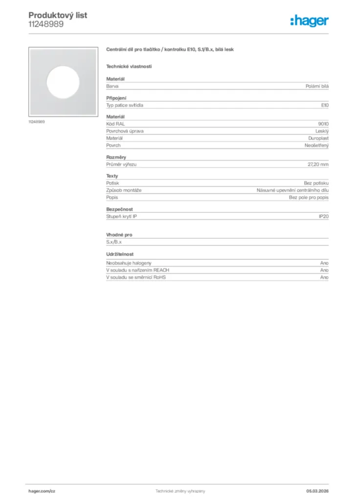 Obrázek Hager Product data sheet 11248989 | Hager