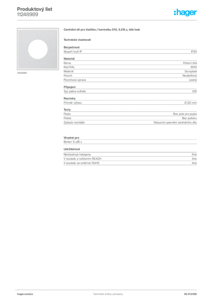Obrázek Hager Produktový list 11248989 | Hager