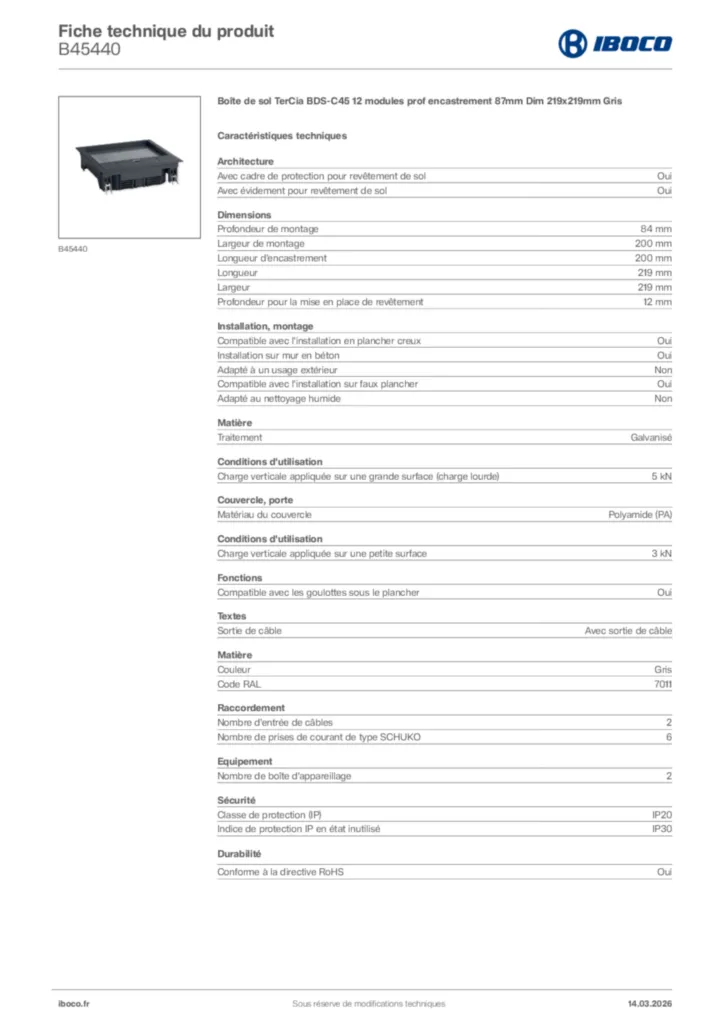Image Iboco Fiche technique du produit B45440 | Hager France