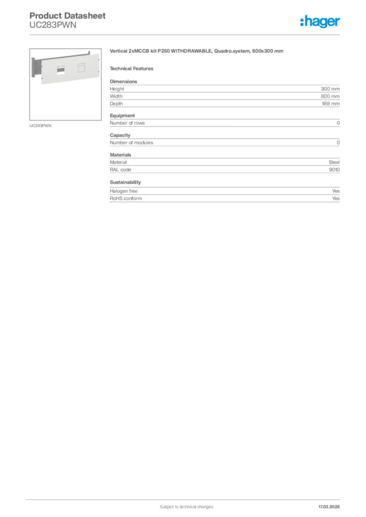Image Hager Product data sheet UC283PWN  | Hager Africa