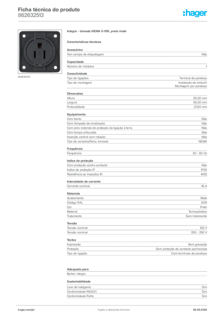 Imagem Hager Ficha técnica do produto 862632513 | Hager Portugal