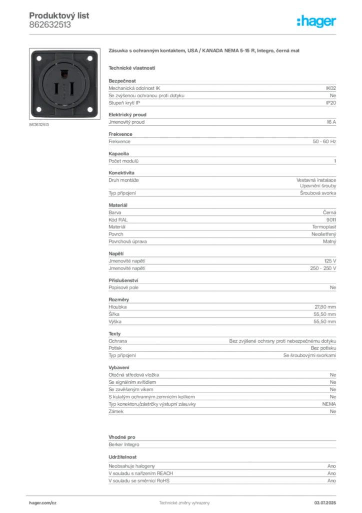 Obrázek Hager Produktový list 862632513 | Hager