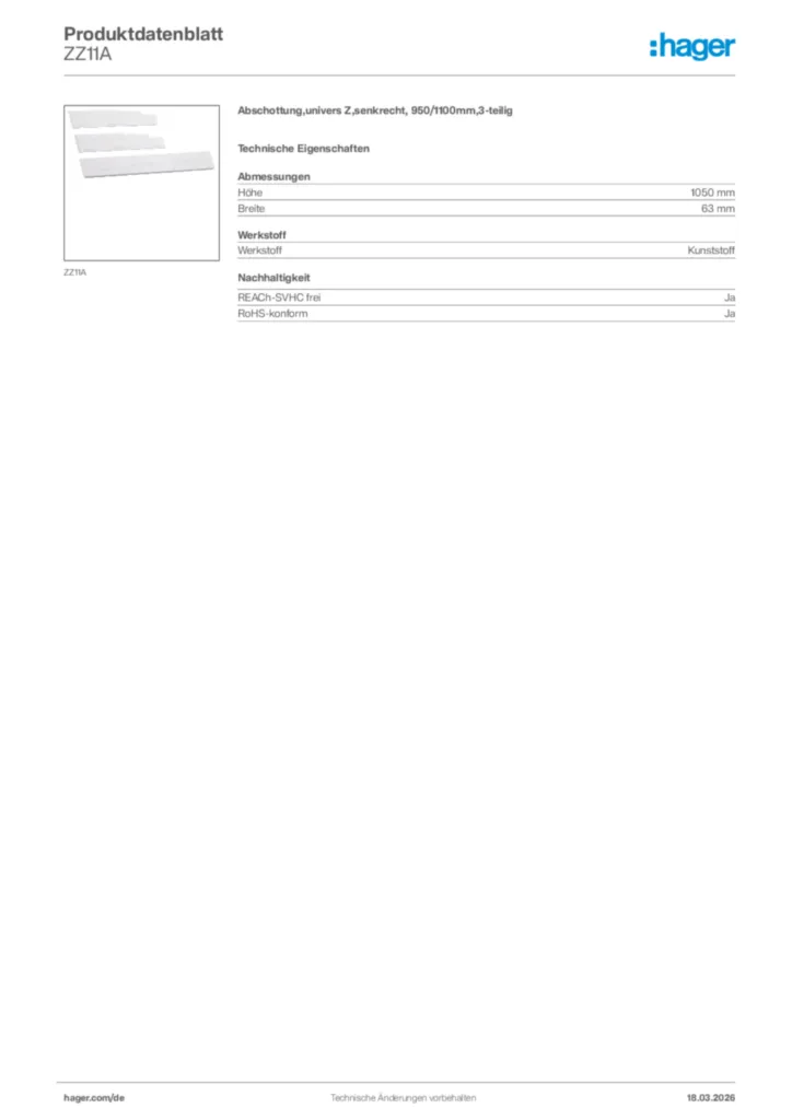 Bild Hager Produktdatenblatt ZZ11A | Hager Deutschland