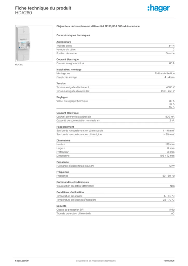 Image Hager Fiche technique du produit HDA260 | Hager France