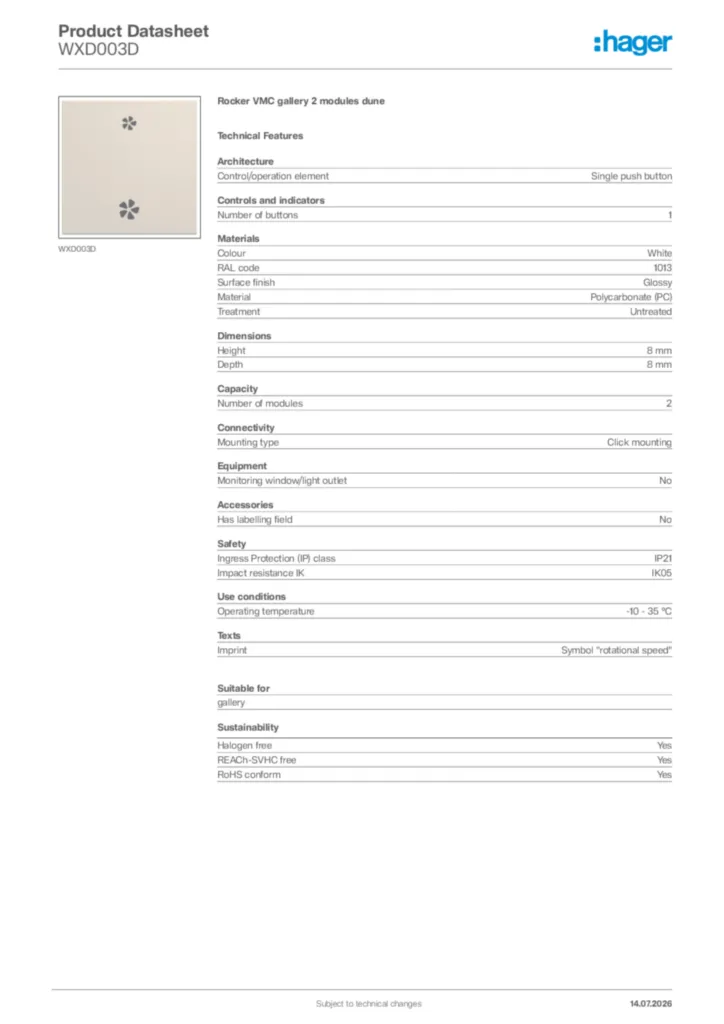 Image Hager Product data sheet WXD003D  | Hager Africa