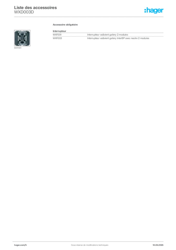 Image Hager Fiche technique du produit WXD003D | Hager France