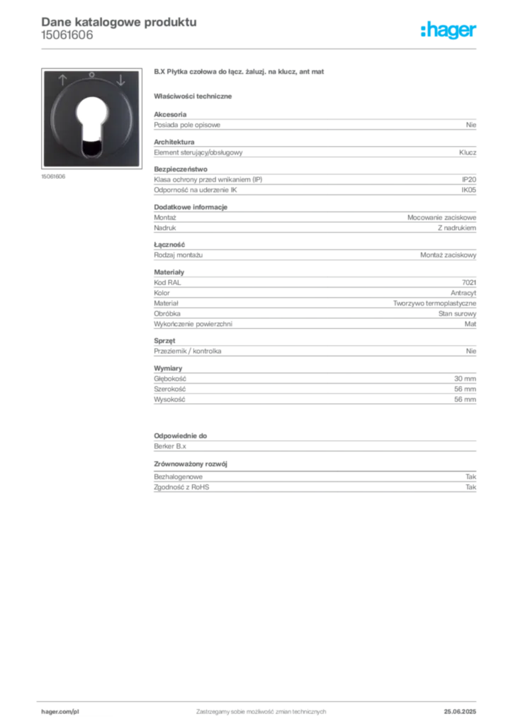 Zdjęcie Hager Dane katalogowe produktu 15061606 | Hager Polska