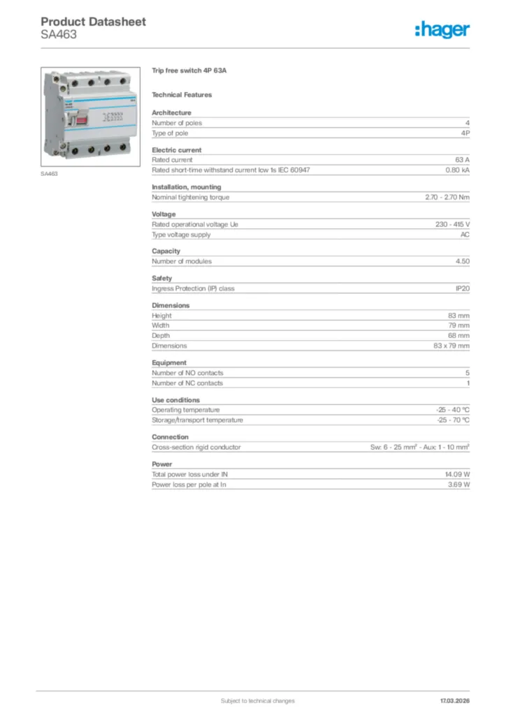 Image Hager Product data sheet SA463  | Hager Africa