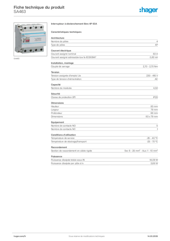Image Hager Fiche technique du produit SA463 | Hager France