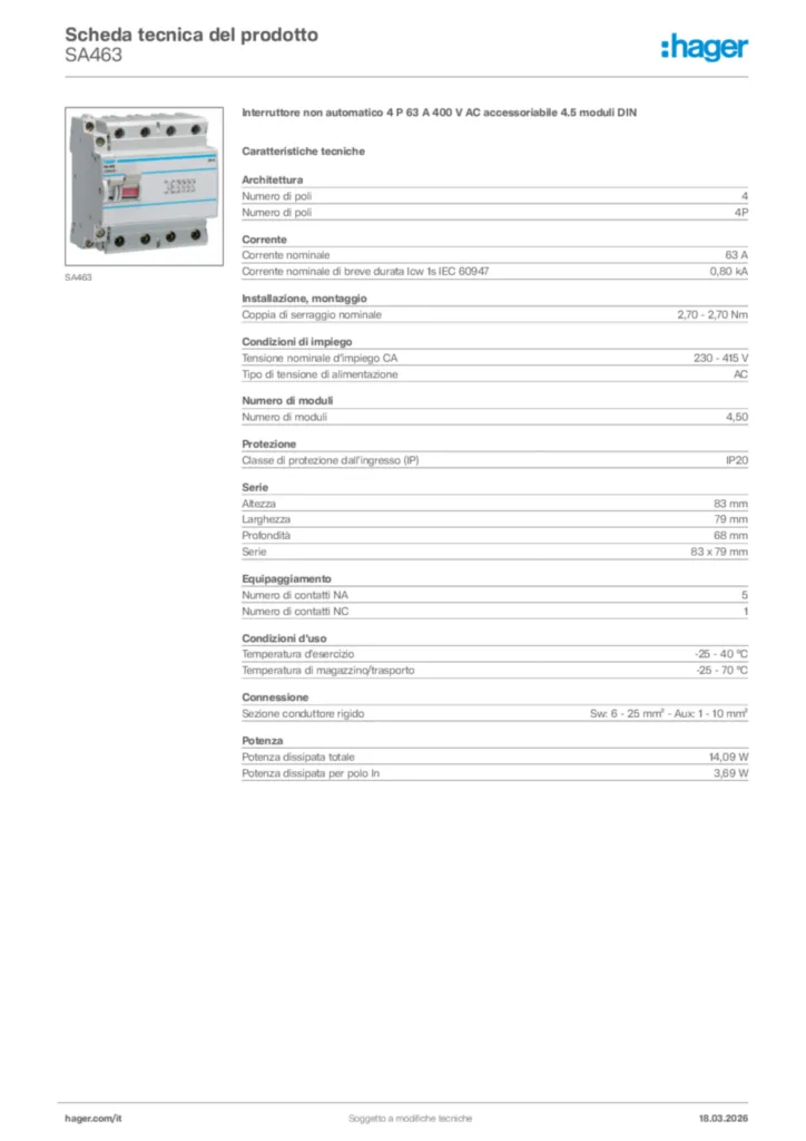 Immagine Hager Scheda tecnica del prodotto SA463 | Hager Italia