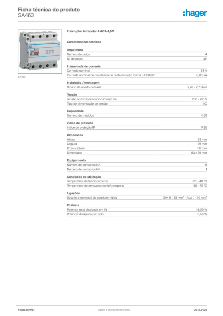 Imagem Hager Ficha técnica do produto SA463 | Hager Portugal