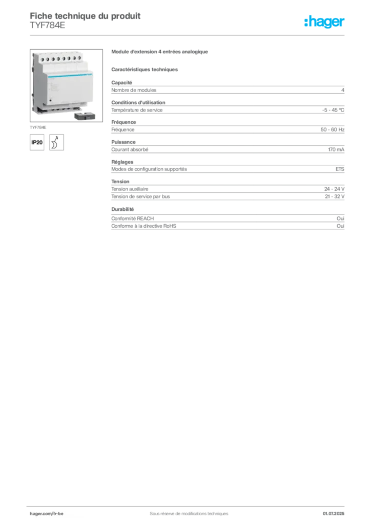 Image Hager Fiche technique du produit TYF784E | Hager Belgique