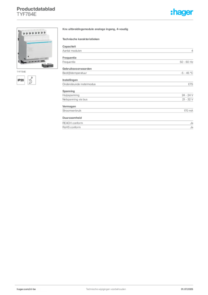 Afbeelding Hager Productdatablad TYF784E | Hager Belgium
