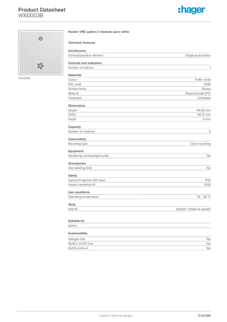 Image Hager Product data sheet WXD003B  | Hager Africa
