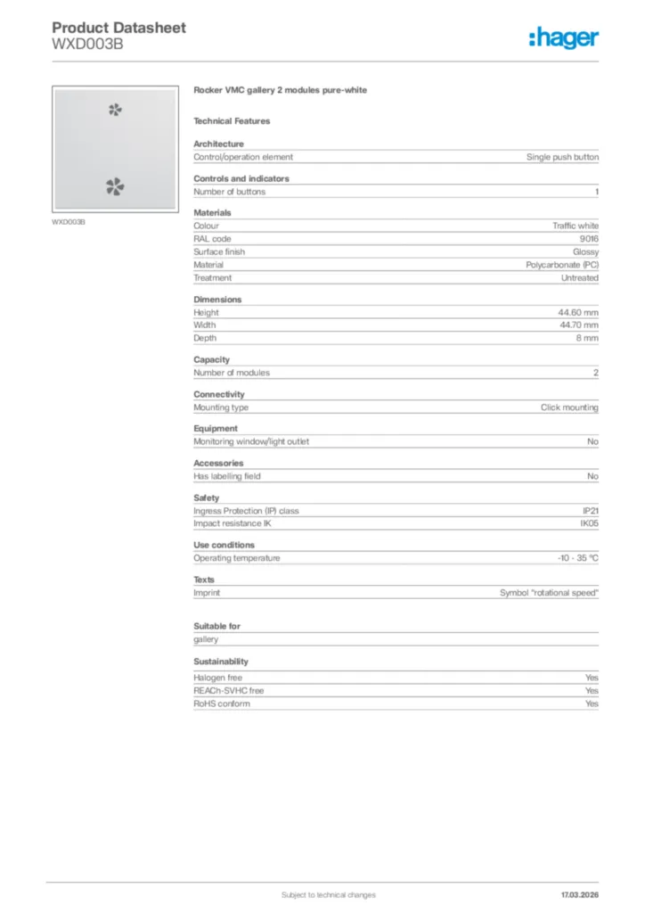Image Hager Product data sheet WXD003B  | Hager Africa