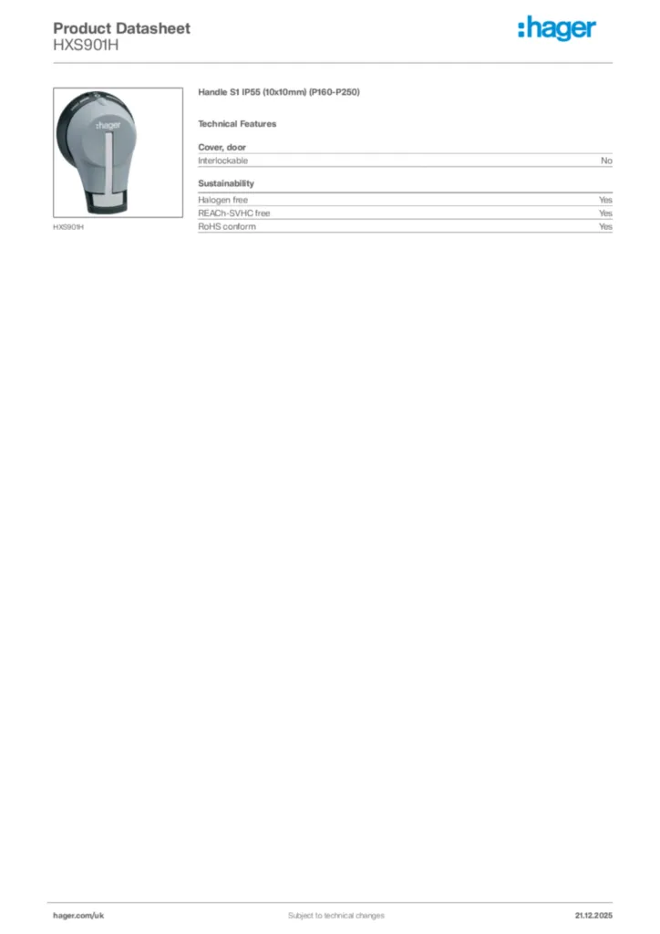 Image Hager Product data sheet HXS901H  | Hager
