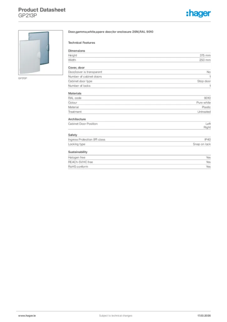 Image Hager Product data sheet GP213P  | Hager