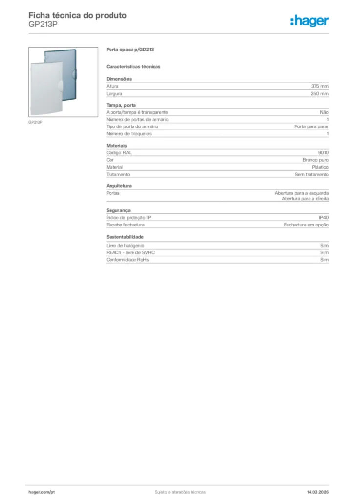 Imagem Hager Ficha técnica do produto GP213P | Hager Portugal