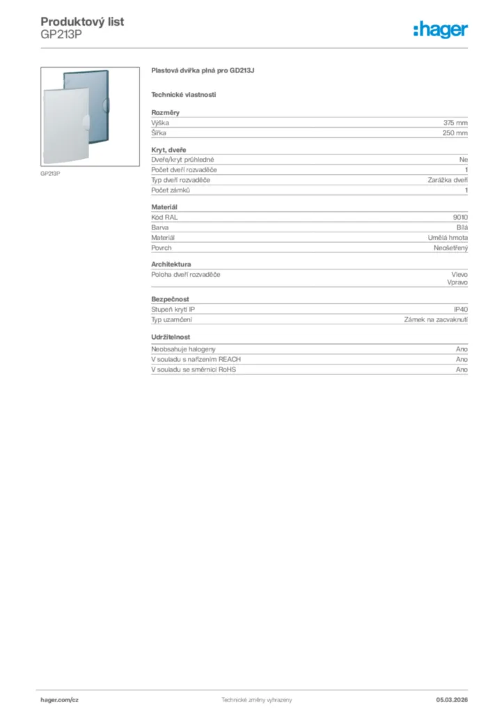 Obrázek Hager Product data sheet GP213P | Hager