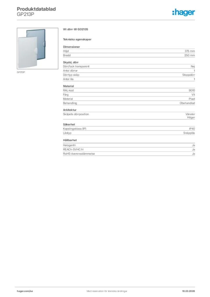 Bild Hager Produktdatablad GP213P | Hager Sverige