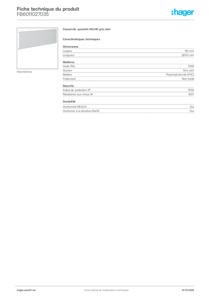 Image Hager Fiche technique du produit FB6011027035 | Hager Belgique