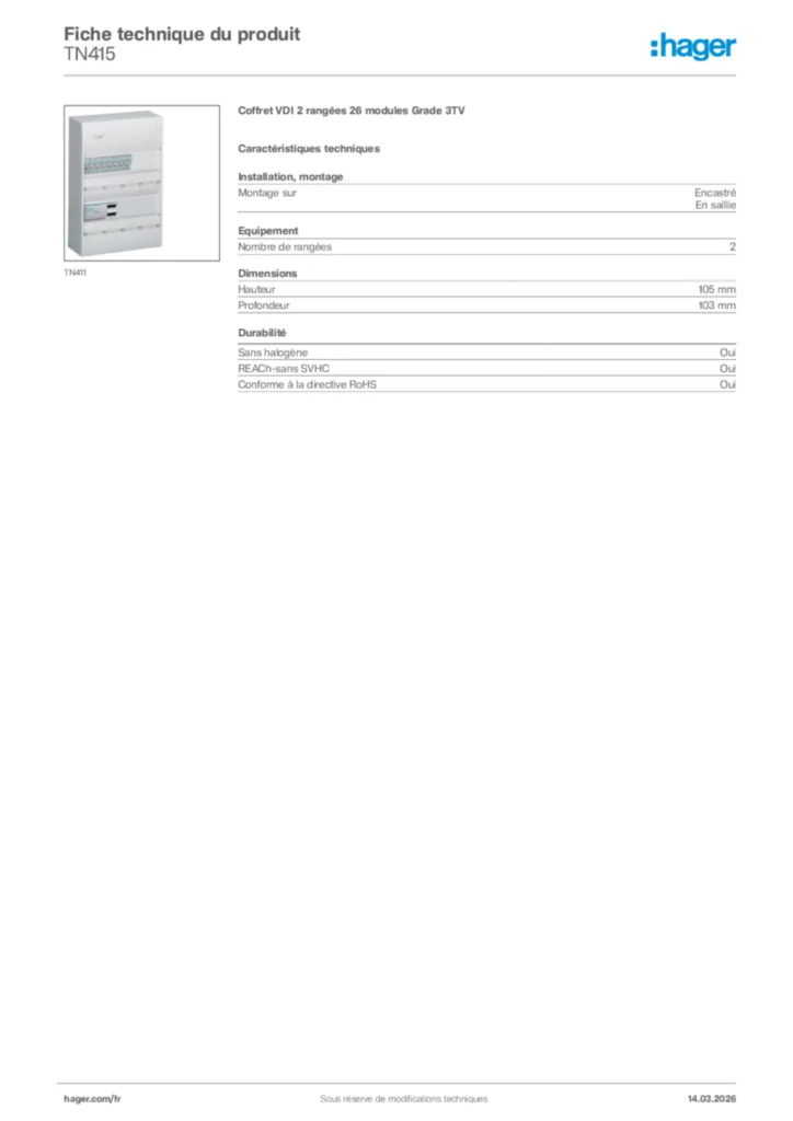 Image Hager Fiche technique du produit TN415 | Hager France