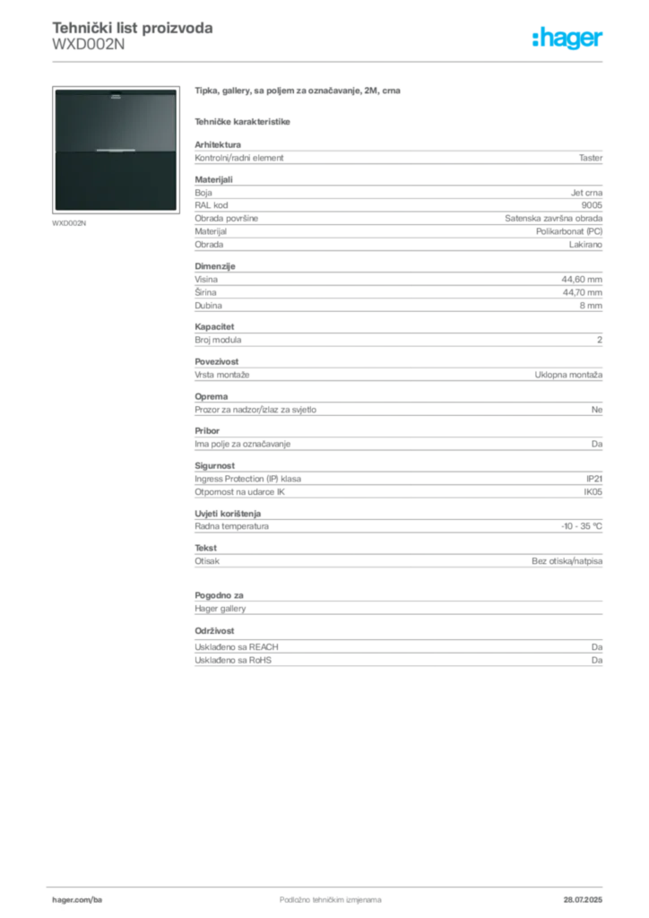 Slika Hager Product data sheet WXD002N  | Hager