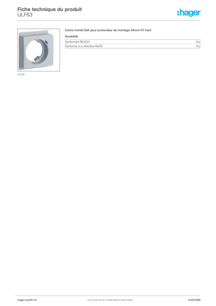 Image Hager Fiche technique du produit ULF63 | Hager Suisse