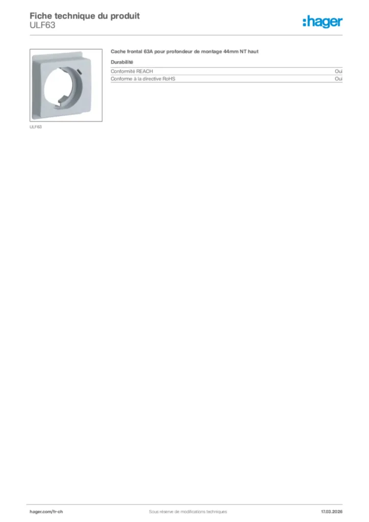 Image Hager Fiche technique du produit ULF63 | Hager Suisse