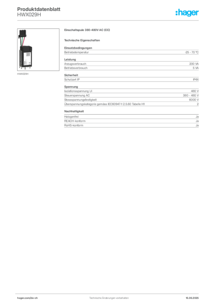 Bild Hager Produktdatenblatt HWX029H | Hager Schweiz