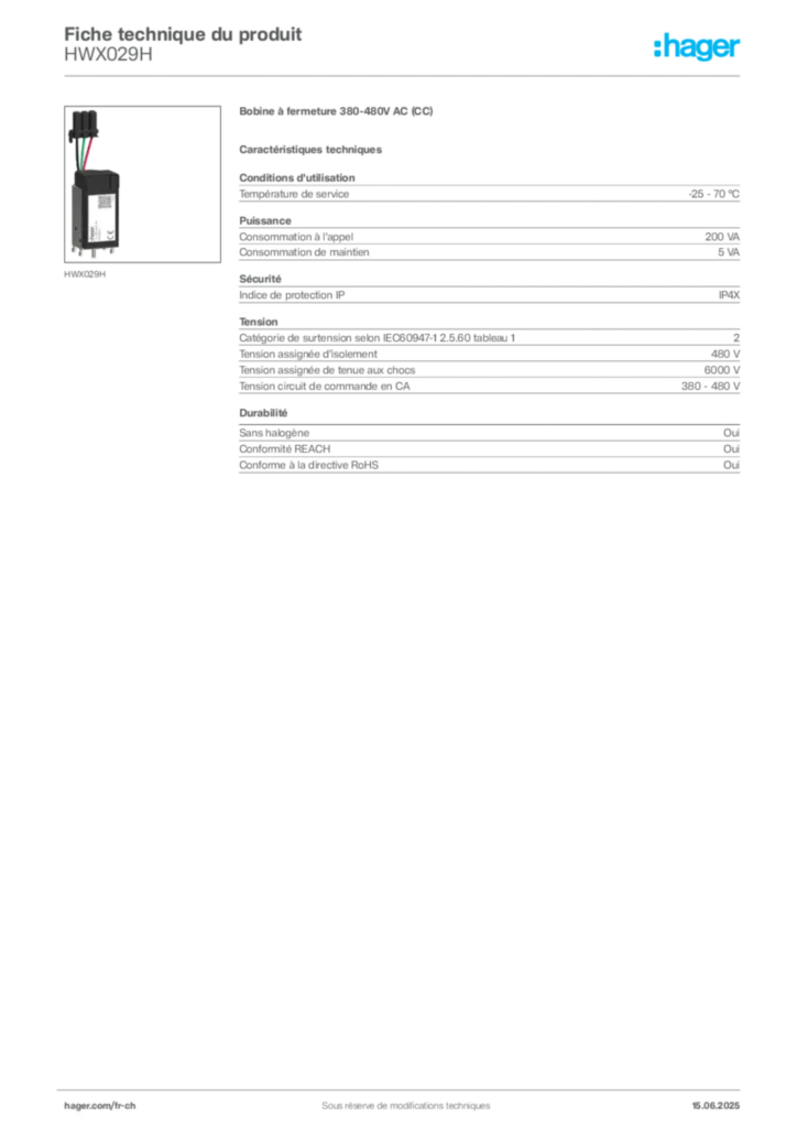 Image Hager Fiche technique du produit HWX029H | Hager Suisse