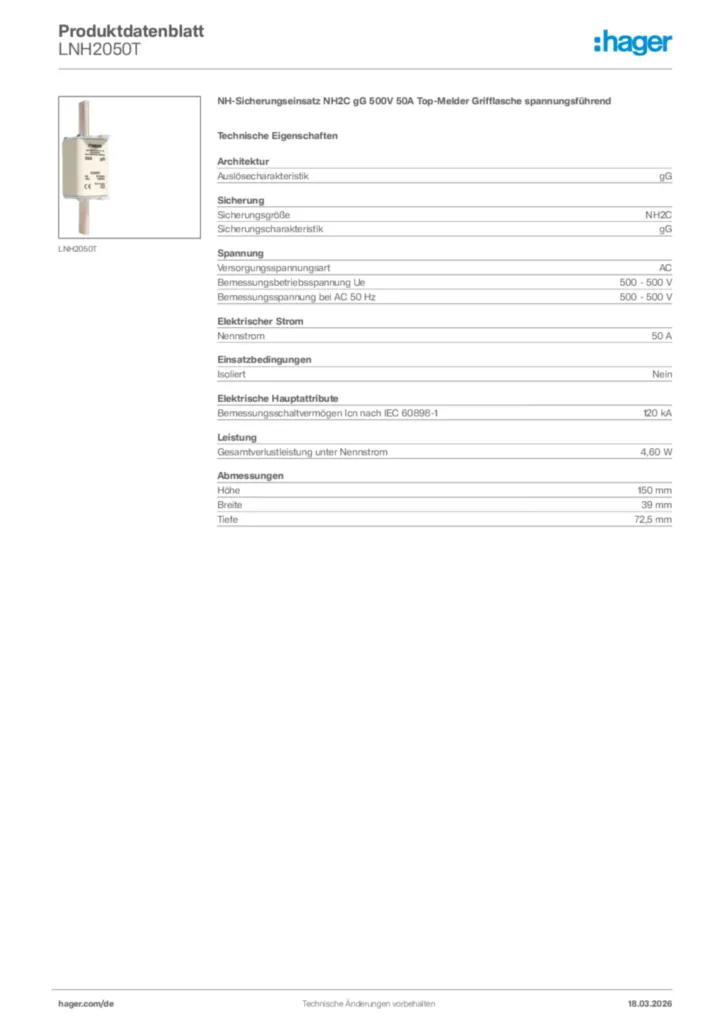 Bild Hager Produktdatenblatt LNH2050T | Hager Deutschland