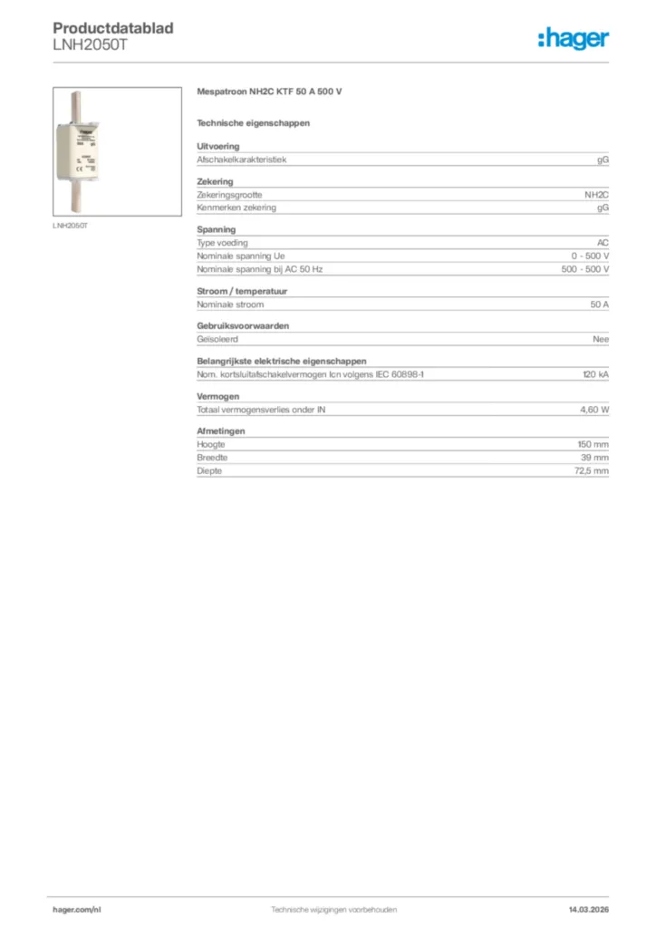 Afbeelding Hager Productdatablad LNH2050T | Hager Nederland