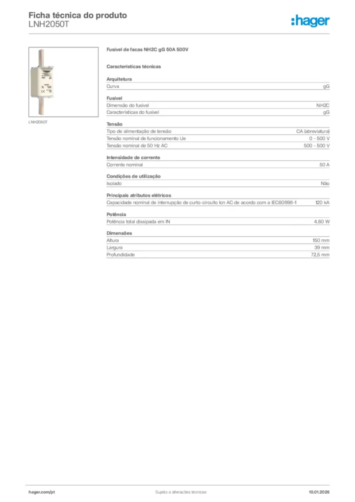 Imagem Hager Ficha técnica do produto LNH2050T | Hager Portugal