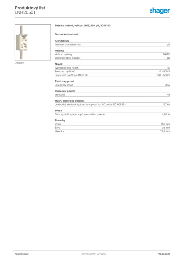 Obrázek Hager Product data sheet LNH2050T | Hager