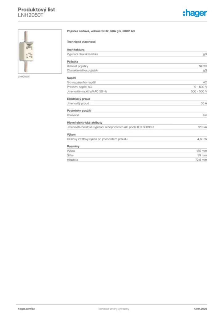 Obrázek Hager Product data sheet LNH2050T | Hager