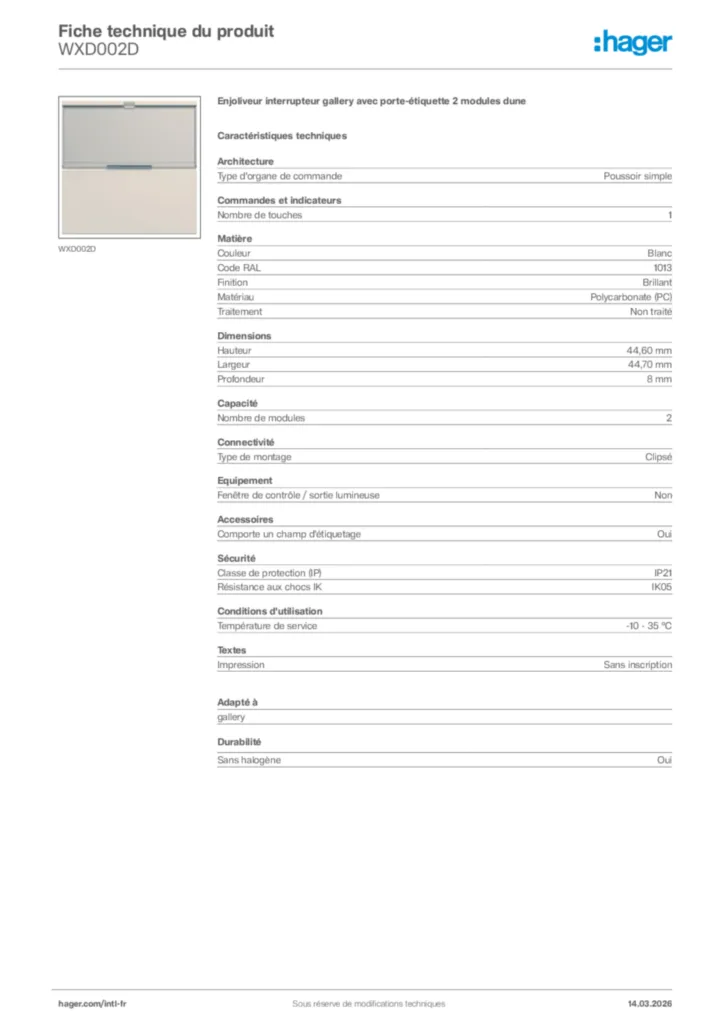 Image Hager Fiche technique du produit WXD002D | Hager Afrique