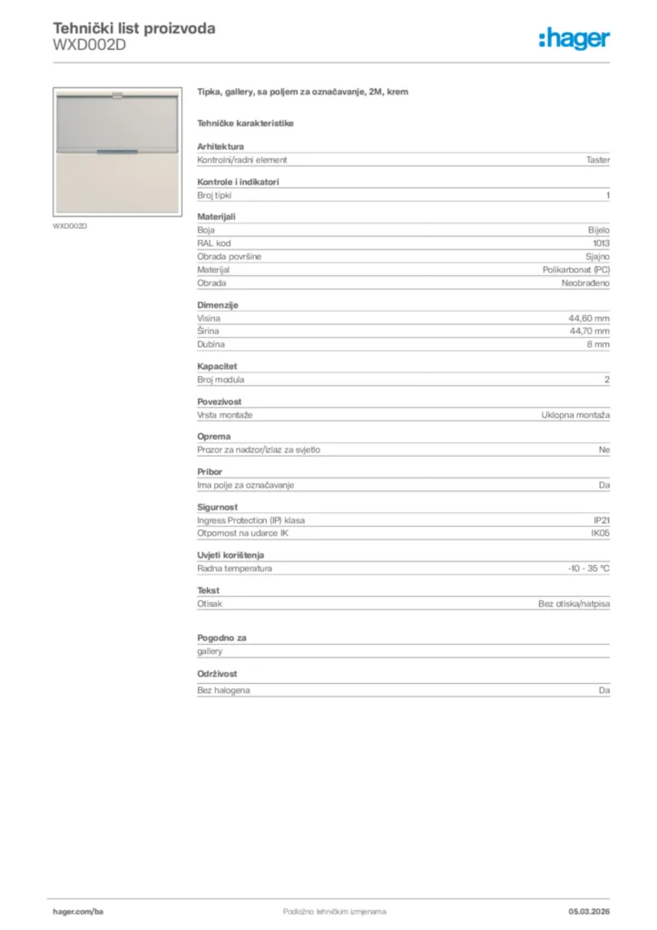 Slika Hager Tehnički list proizvoda WXD002D  | Hager